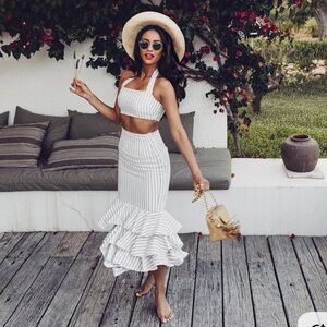 NBD Ayesha Striped Midi Ruffle Skirt